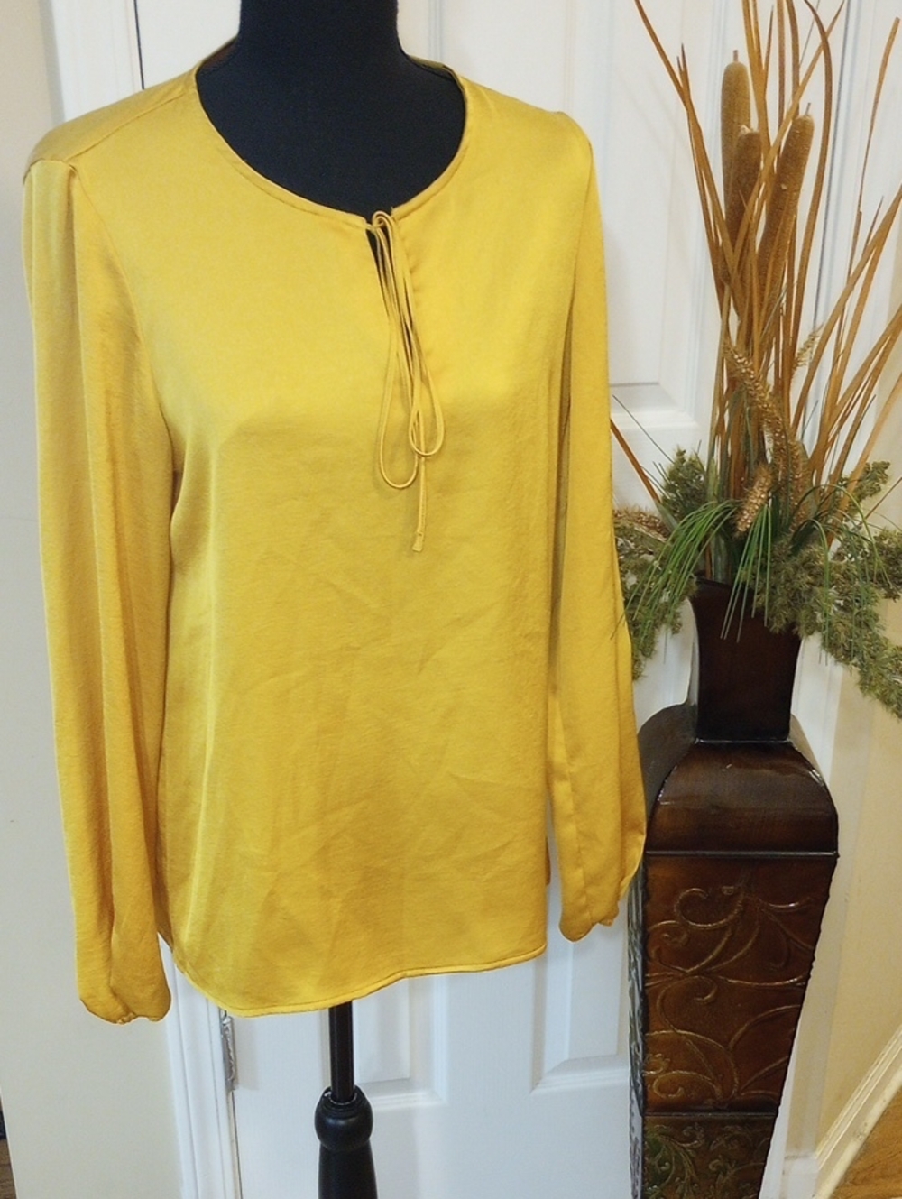 Calvin Klein Mustard Yellow Long Sleeve Tie-Neck Top
